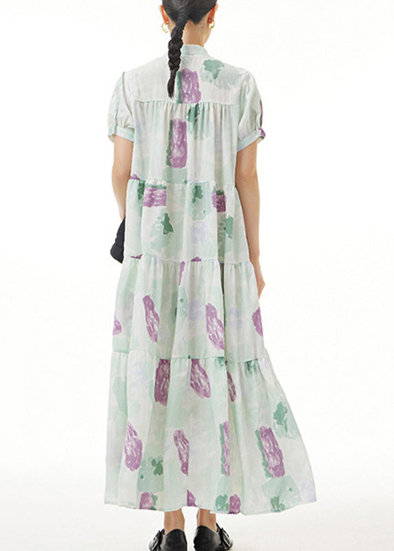 Green Print Button Maxi Dress Short Sleeve LY1207