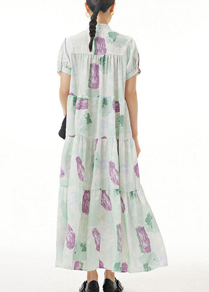 Green Print Button Maxi Dress Short Sleeve LY1207