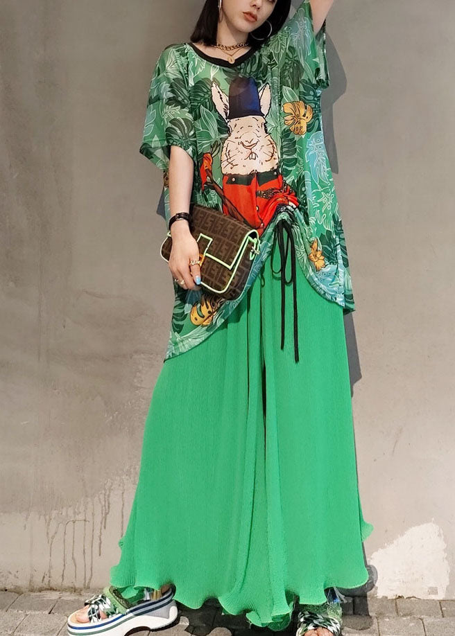 Green Print Chiffon Two Piece Set Women Clothing Drawstring Summer LY1580