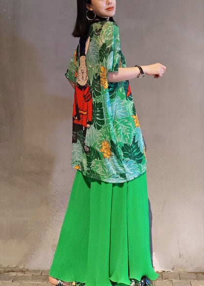 Green Print Chiffon Two Piece Set Women Clothing Drawstring Summer LY1580