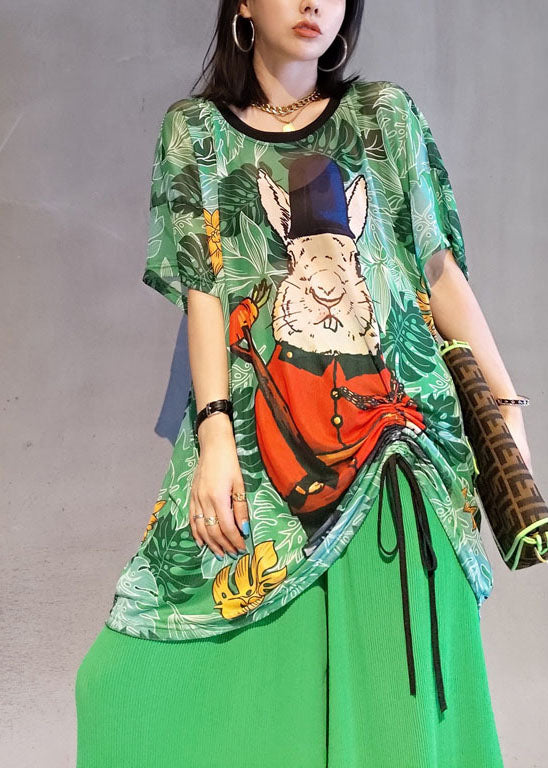 Green Print Chiffon Two Piece Set Women Clothing Drawstring Summer LY1580