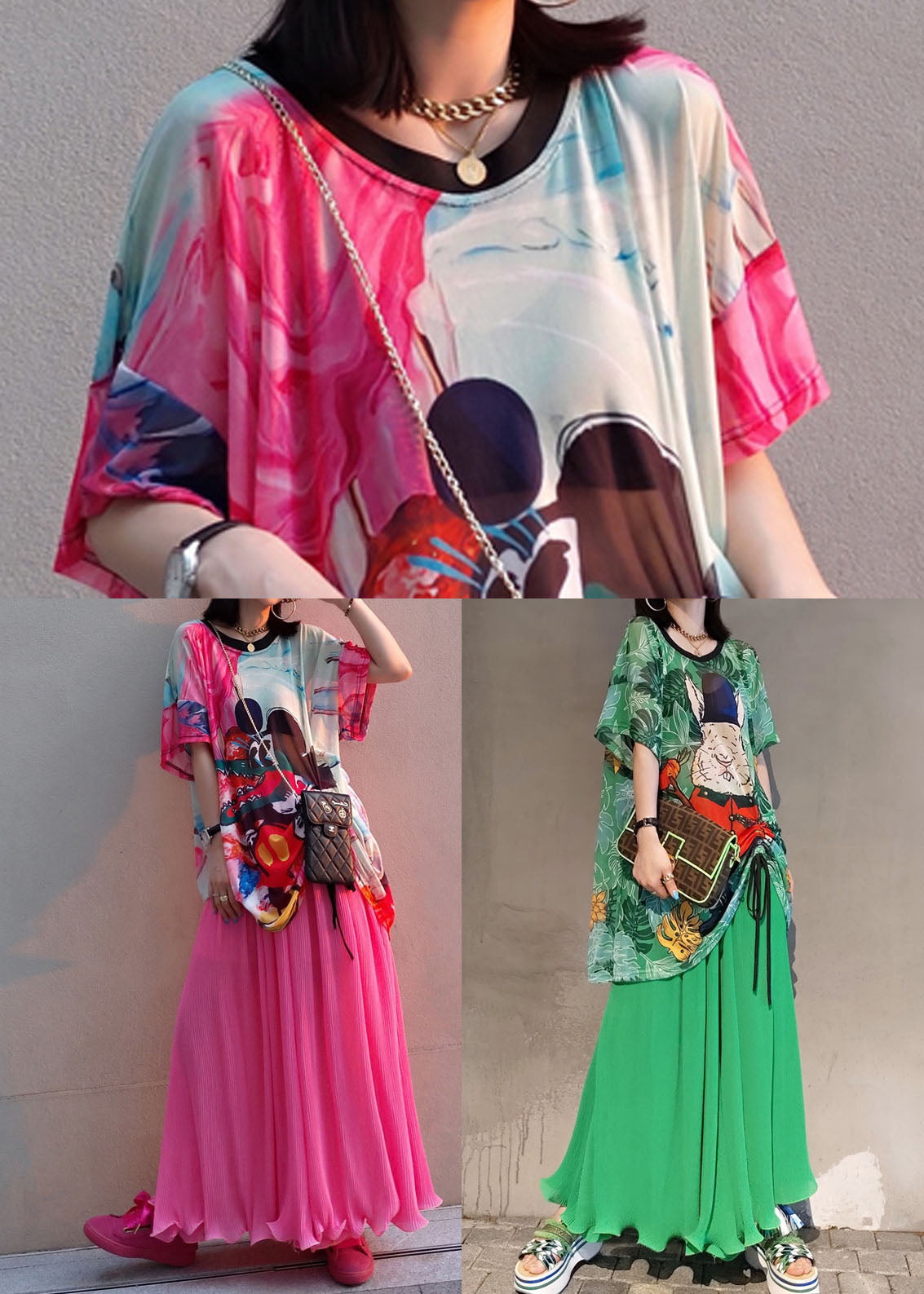 Green Print Chiffon Two Piece Set Women Clothing Drawstring Summer LY1580