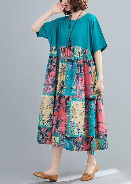 Green Print Cotton Maxi Dresses O-Neck Oversized Summer LY1490