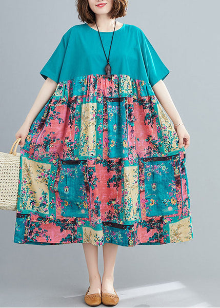 Green Print Cotton Maxi Dresses O-Neck Oversized Summer LY1490