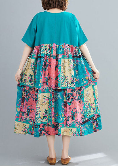 Green Print Cotton Maxi Dresses O-Neck Oversized Summer LY1490