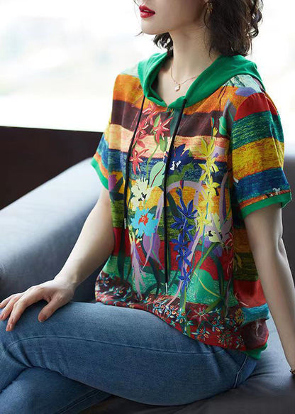 Green Print Patchwork Chiffon T Shirt Top Hooded Summer TQ1053