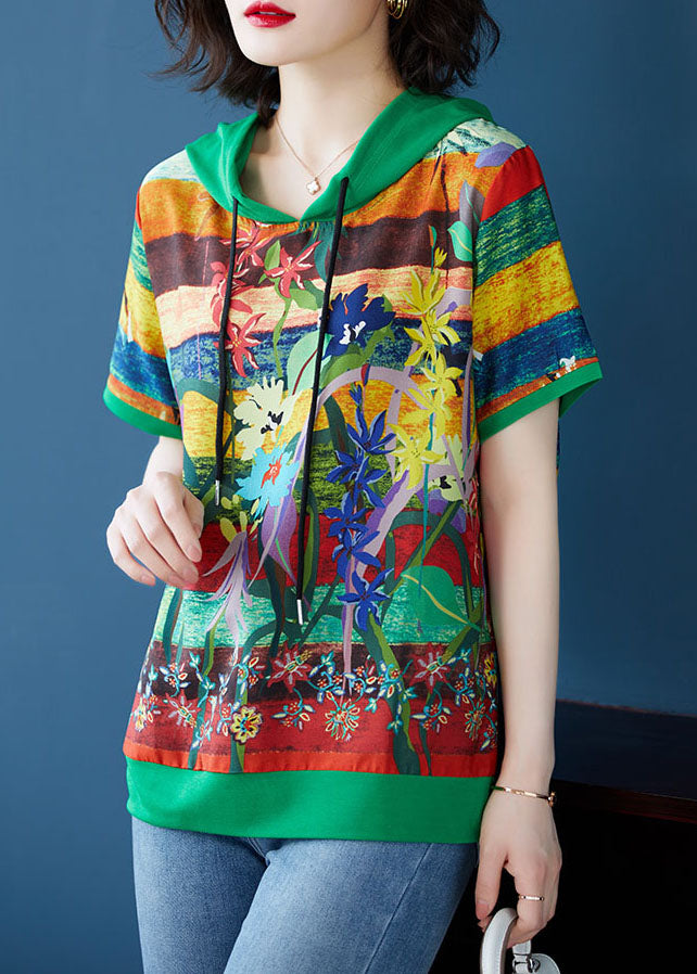 Green Print Patchwork Chiffon T Shirt Top Hooded Summer TQ1053