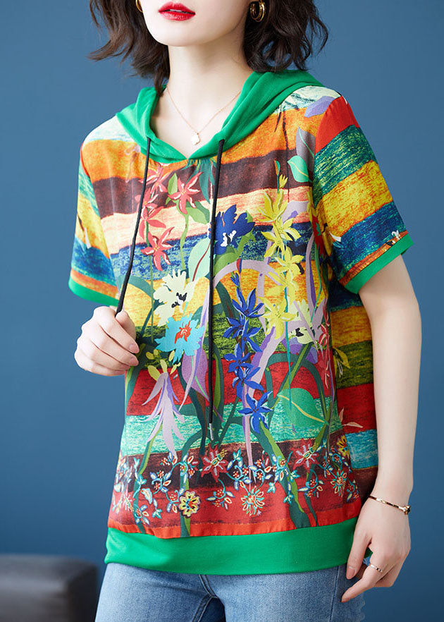 Green Print Patchwork Chiffon T Shirt Top Hooded Summer TQ1053