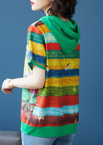 Green Print Patchwork Chiffon T Shirt Top Hooded Summer TQ1053