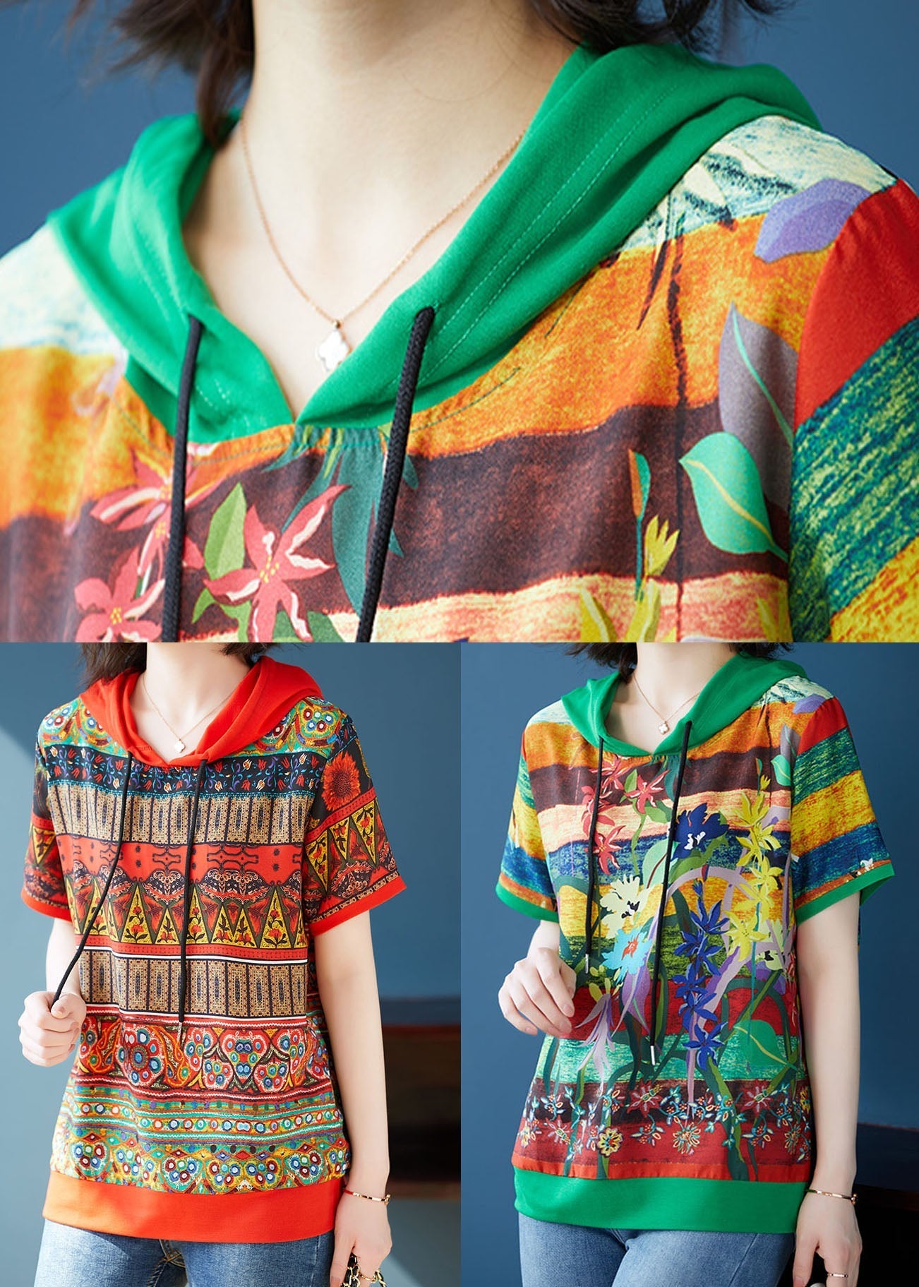 Green Print Patchwork Chiffon T Shirt Top Hooded Summer TQ1053