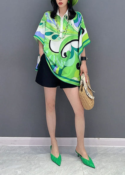 Green Print Patchwork Silk Blouse Tops Peter Pan Collar Summer LC0334