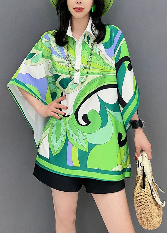 Green Print Patchwork Silk Blouse Tops Peter Pan Collar Summer LC0334