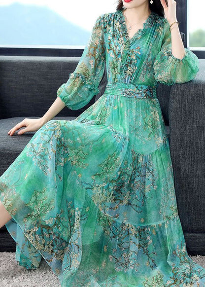 Green Print Patchwork Silk Dress Ruffled Lantern Sleeve TI1001