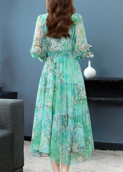 Green Print Patchwork Silk Dress Ruffled Lantern Sleeve TI1001