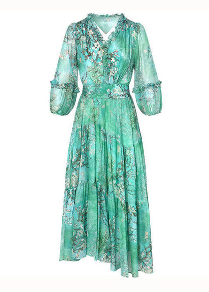 Green Print Patchwork Silk Dress Ruffled Lantern Sleeve TI1001