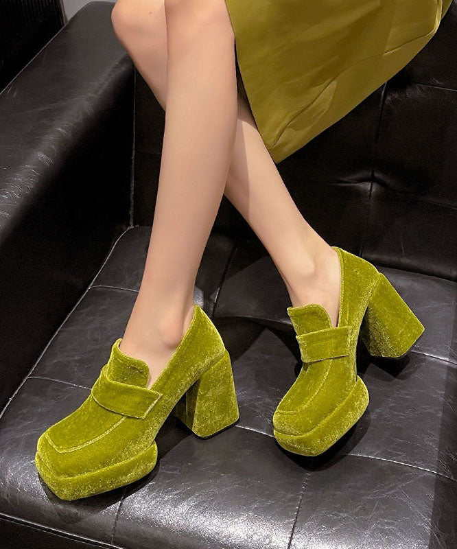 Green Silk Velour Retro Splicing Chunky High Heels LY1785