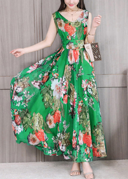 Green Slim Chiffon Maxi Dress Sleeveless LY1716