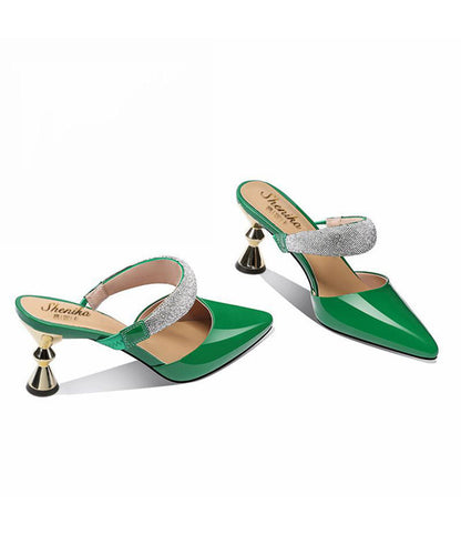 Green Stiletto Cowhide Leather Fitted Pointed Toe High Heel Slippers LC0194