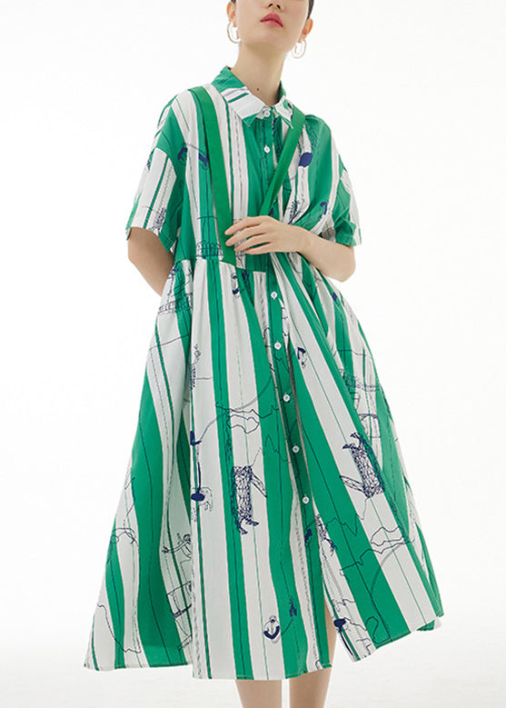 Green Striped Patchwork Button Cotton Long Dress Short Sleeve LY1196