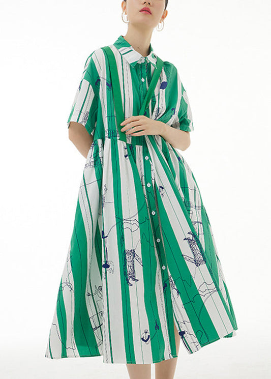 Green Striped Patchwork Button Cotton Long Dress Short Sleeve LY1196