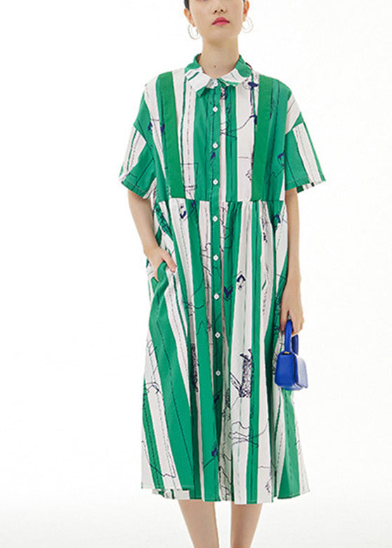 Green Striped Patchwork Button Cotton Long Dress Short Sleeve LY1196