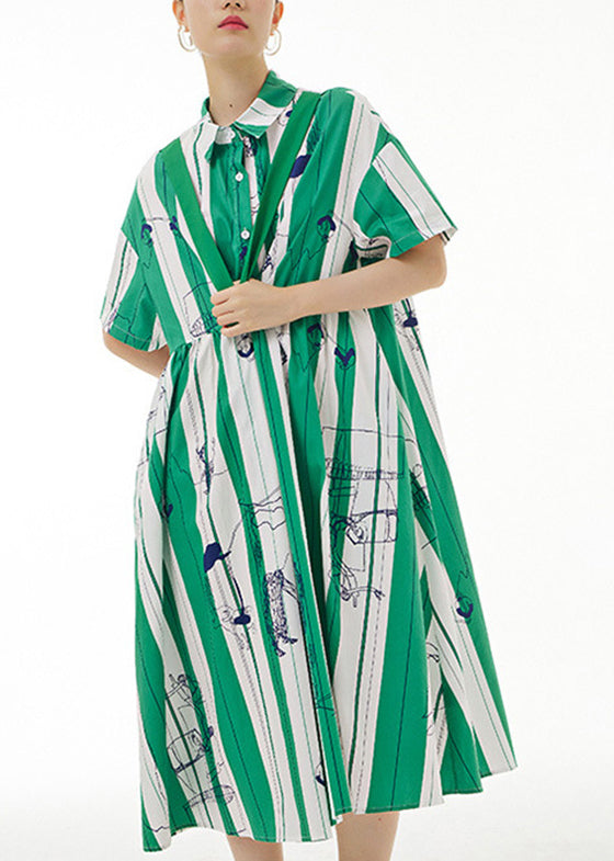 Green Striped Patchwork Button Cotton Long Dress Short Sleeve LY1196