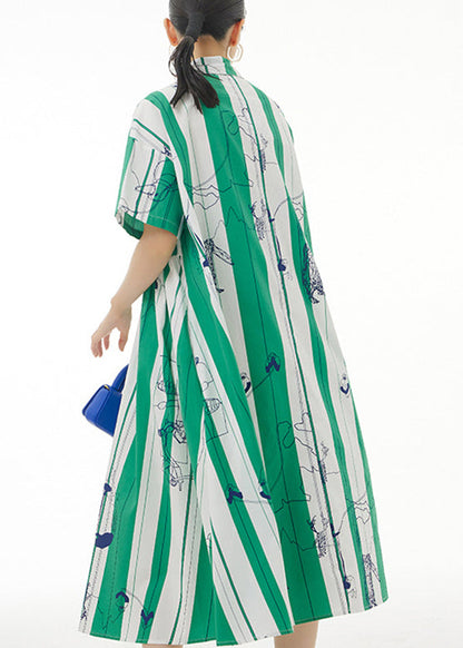 Green Striped Patchwork Button Cotton Long Dress Short Sleeve LY1196