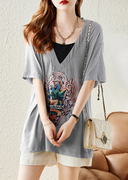 Grey Cozy Solid Cotton T Shirt Short Sleeve LY1527