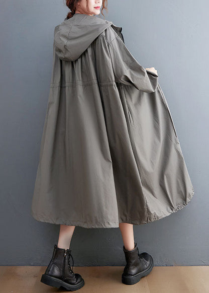 Grey Oversized Cotton Trench Coat Hooded Drawstring Spring LY0657