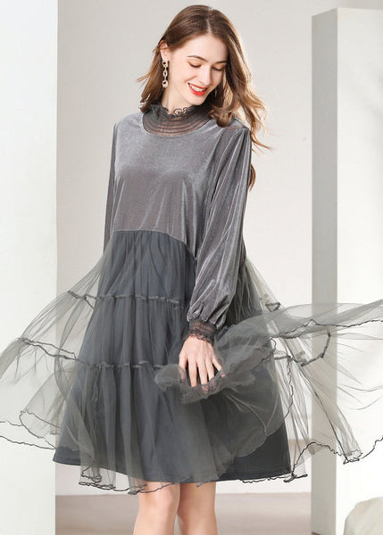 Grey Patchwork Silk Velour Holiday Dresses Oversized High Neck Spring LY0268