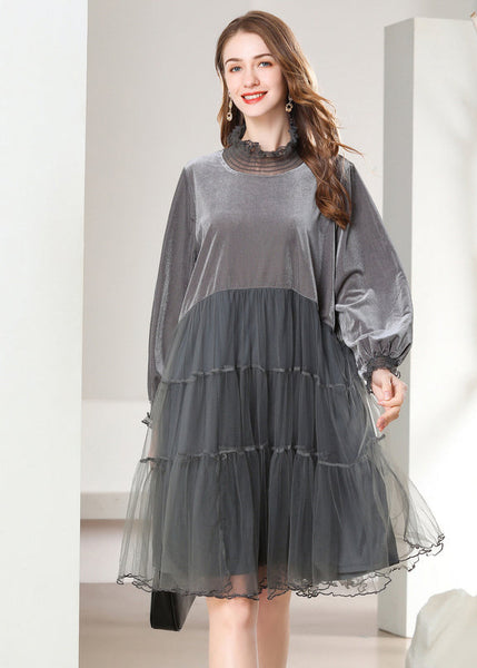 Grey Patchwork Silk Velour Holiday Dresses Oversized High Neck Spring LY0268