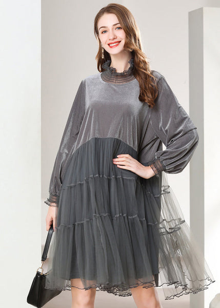 Grey Patchwork Silk Velour Holiday Dresses Oversized High Neck Spring LY0268