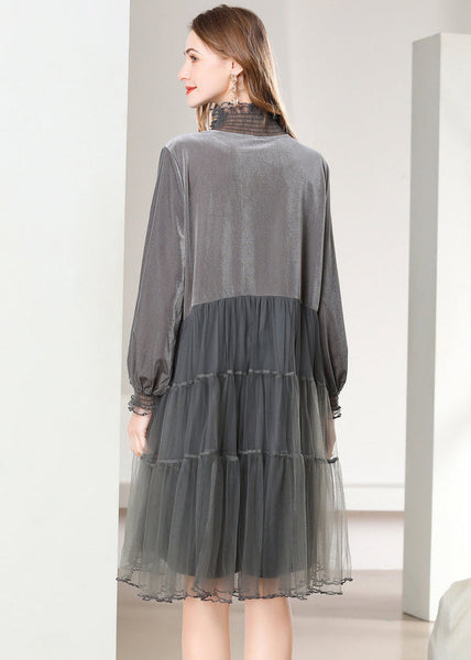 Grey Patchwork Silk Velour Holiday Dresses Oversized High Neck Spring LY0268