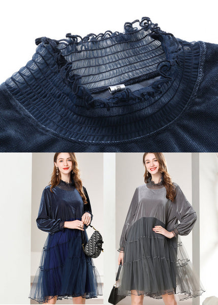 Grey Patchwork Silk Velour Holiday Dresses Oversized High Neck Spring LY0268
