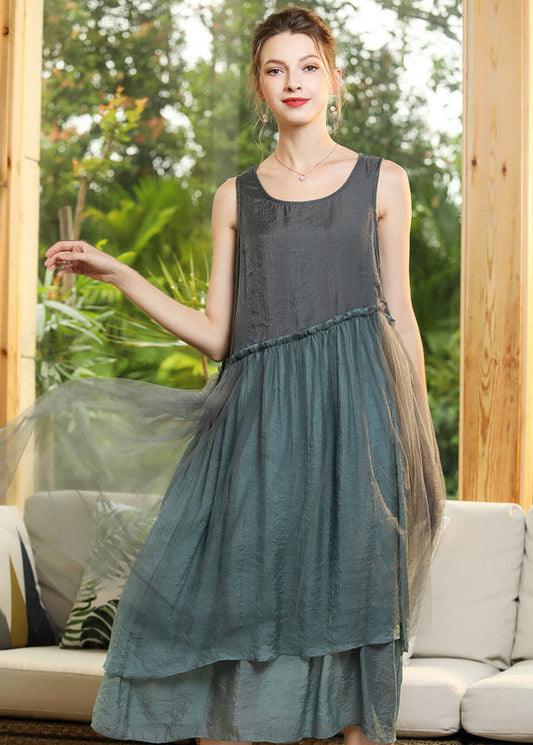 Grey Patchwork Tulle Vacation Dresses Ruffled Sleeveless LY0344