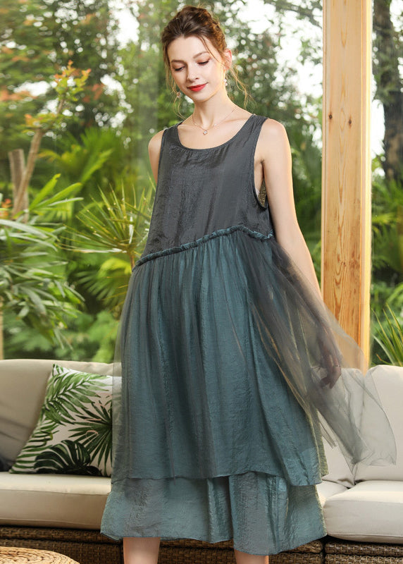 Grey Patchwork Tulle Vacation Dresses Ruffled Sleeveless LY0344