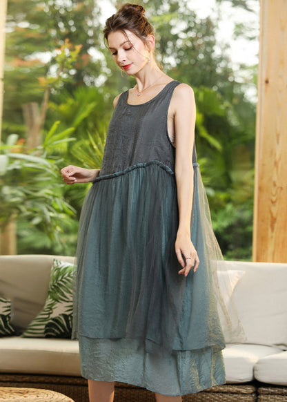 Grey Patchwork Tulle Vacation Dresses Ruffled Sleeveless LY0344