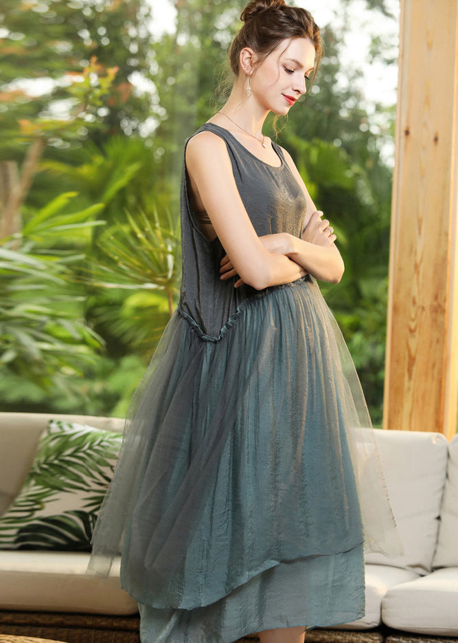 Grey Patchwork Tulle Vacation Dresses Ruffled Sleeveless LY0344