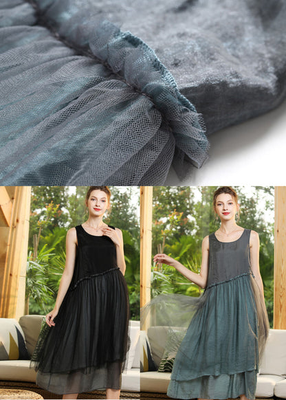 Grey Patchwork Tulle Vacation Dresses Ruffled Sleeveless LY0344