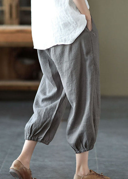 Grey Pockets Patchwork Linen Harem Pants Elastic Waist Summer LY0609