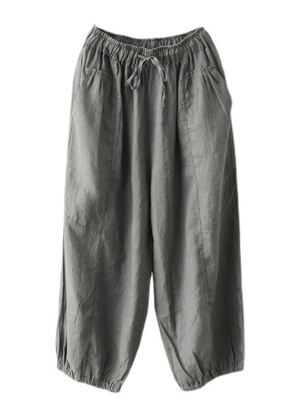 Grey Pockets Patchwork Linen Harem Pants Elastic Waist Summer LY0609
