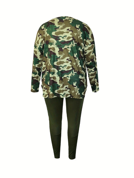 Plus Size Split Pattern Camo Skinny Two-piece Pants Set AT9042