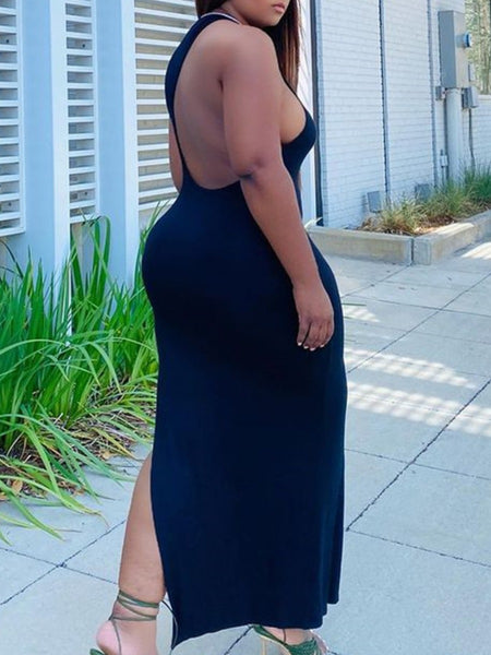 Plus Size Backless Thigh Slit Bodycon Dress AT9049