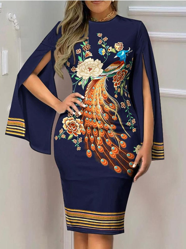 Plus Size Peacock Floral Print Striped Bodycon Dress AT9060