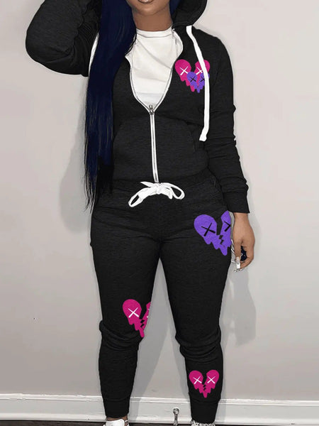 Hooded Collar Broken Heart Print Tracksuit Set AT9050