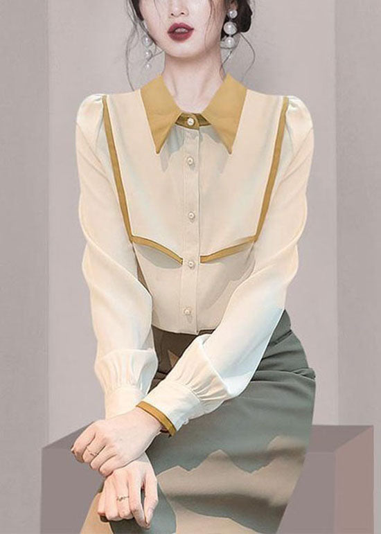 Handmade Apricot Peter Pan Collar Patchwork Chiffon Shirt Tops Spring LY0367