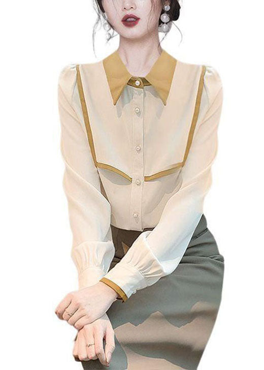 Handmade Apricot Peter Pan Collar Patchwork Chiffon Shirt Tops Spring LY0367