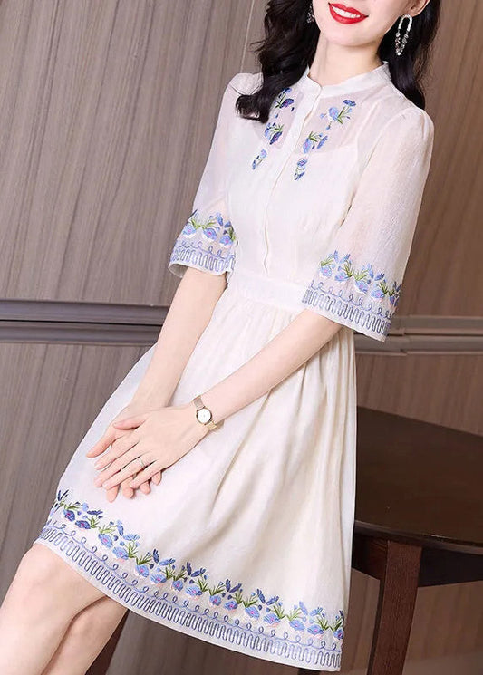 Handmade Apricot Stand Collar Embroideried Floral Slim Mid Dress Short Sleeve TI1005