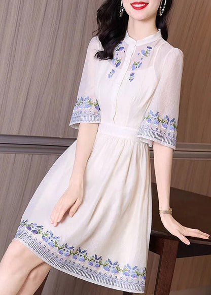 Handmade Apricot Stand Collar Embroideried Floral Slim Mid Dress Short Sleeve TI1005