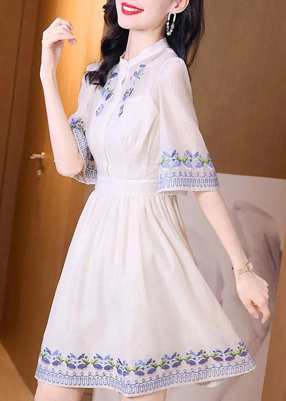 Handmade Apricot Stand Collar Embroideried Floral Slim Mid Dress Short Sleeve TI1005